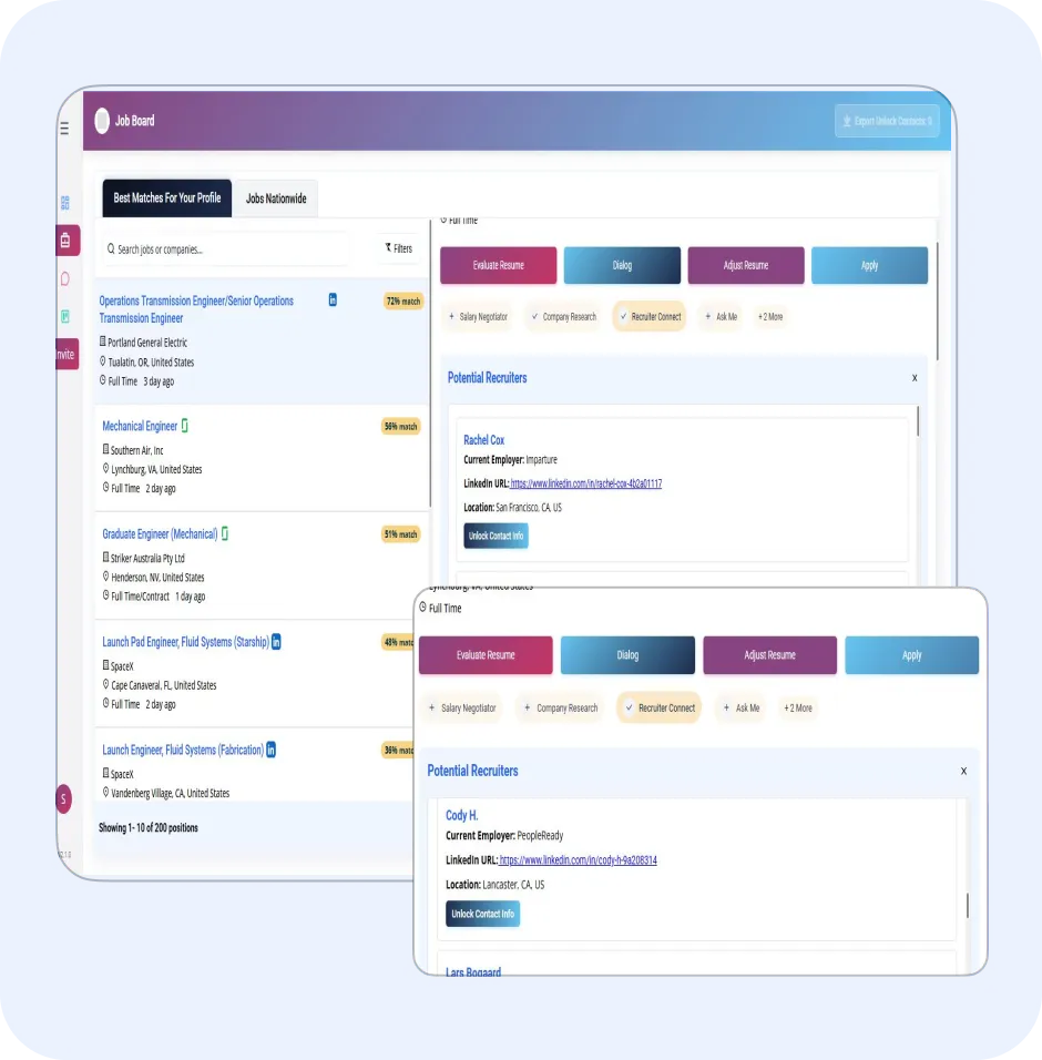 Job board interface displaying matched job listings and potential recruiters for job seekers, featuring options to evaluate resumes, connect with recruiters, and apply for positions